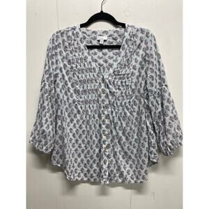 J Jill Size Medium Women's Blouse Light Blue Pleated Front Paisleys Button Up